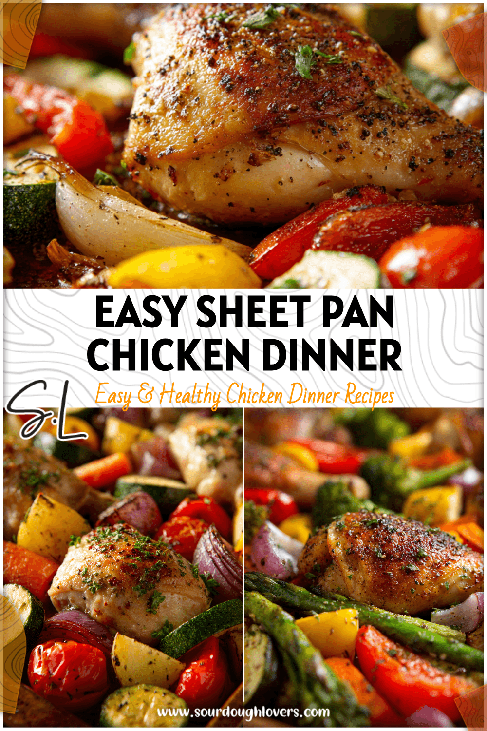 Oven-baked chicken drumsticks with colorful veggies on a sheet pan for a healthy one pan dinner.